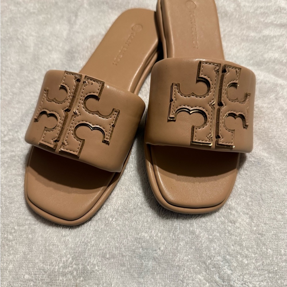 Tory Burch Cognac Leather Logo Slide Sandals